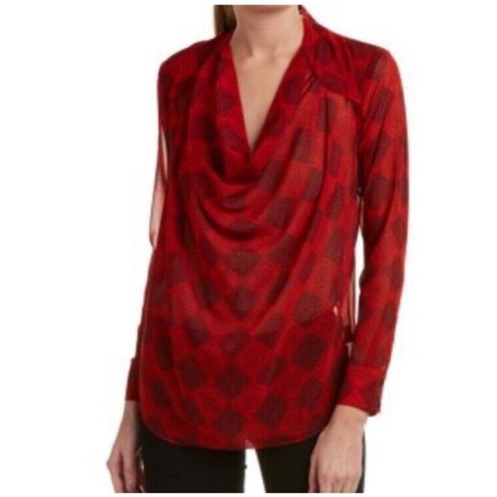 CAbi Red Black Diamond Cut Out Back Cowl Neck Sheer Top Small